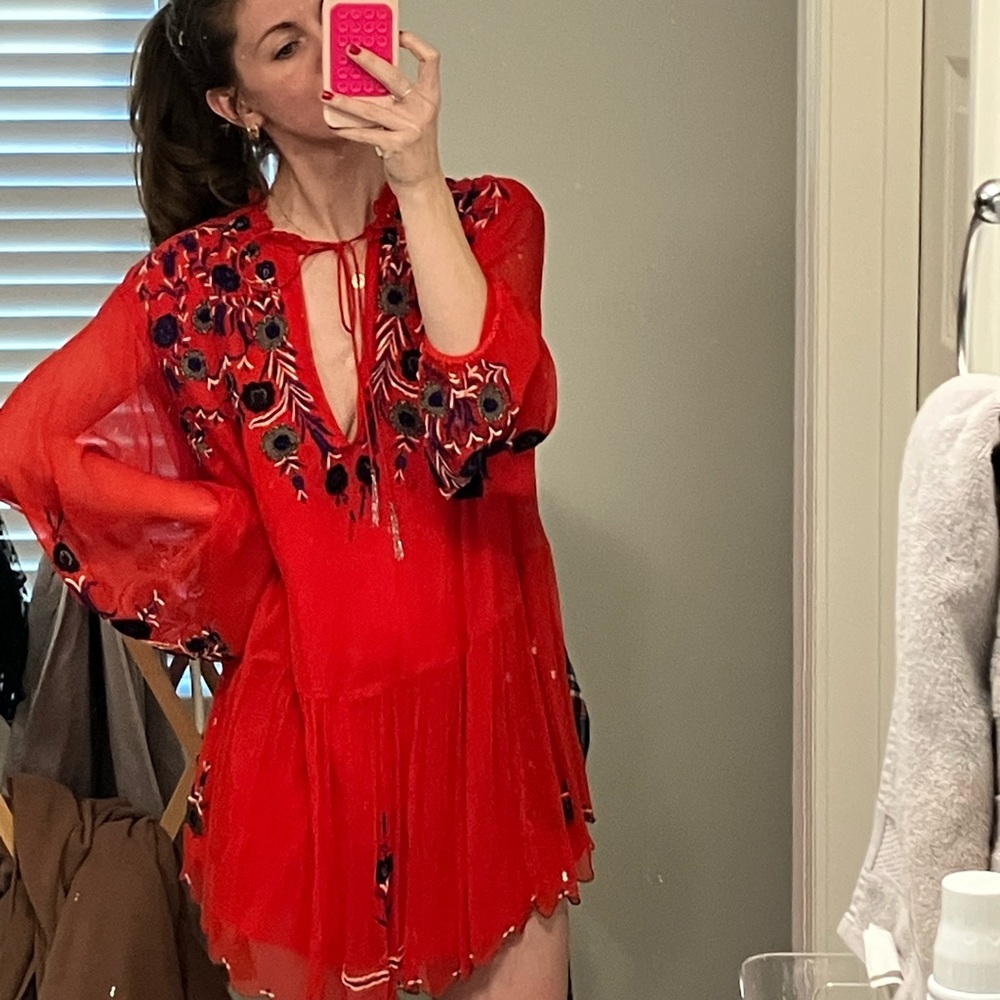 Red Embroidered Women's Top